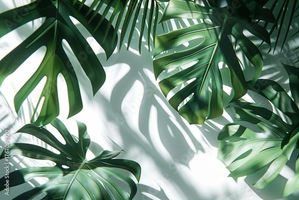 Fototapeta Tropical Monstera Leaves with Shadows on White Background