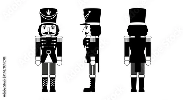 Fototapeta A crisp black and white vector illustration shows a traditional wooden nutcracker soldier from front, side, and back views, ideal for festive holiday graphics.