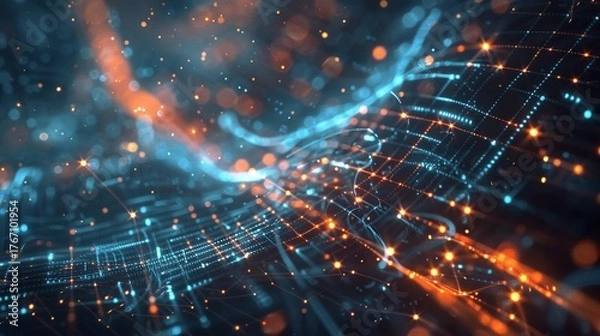 Fototapeta Abstract digital network with orange and blue lights