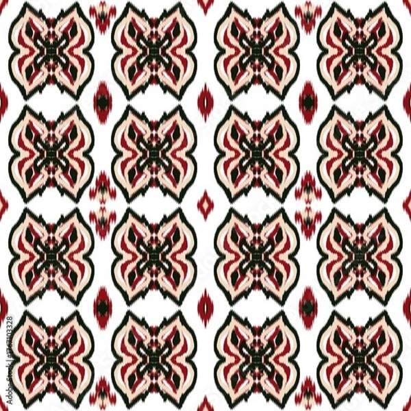Fototapeta Butterfly Ikat Seamless Pattern - Rug Design - Home and furniture - Home decor - Seamless Ikat Pattern - Batik design - Sarong design - Surface printing - Background Butterflies - Red Black White Ikat