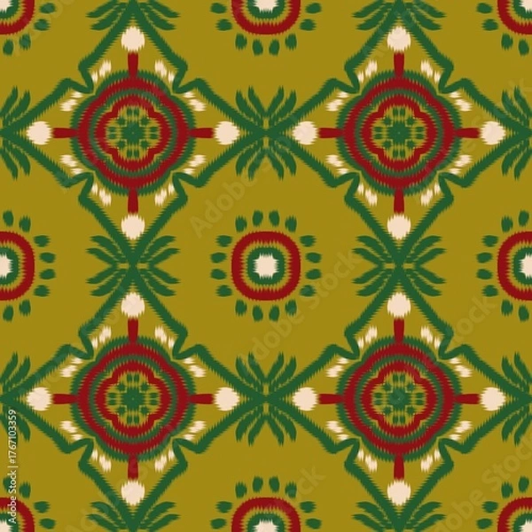 Fototapeta Colorful Ikat Holiday Seamless Pattern - Greeting Card Holiday Season ikat - Ikat design seamless for textile and paper printing - Seamless Pattern Green Red White Gold - Scalable ikat Holiday Decor