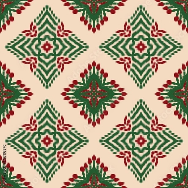 Fototapeta Beautiful Colors Holiday Ikat Seamless Pattern - Red and Green decor - Holiday Greeting card Ikat design - Ikat Holiday pattern - Merry Christmas Design ikat - Surface pattern ikat seamless - Scalable