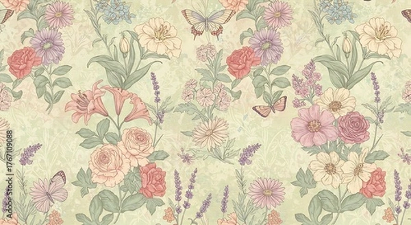 Fototapeta Floral Pattern with Butterflies and Roses in Pastel Colors.