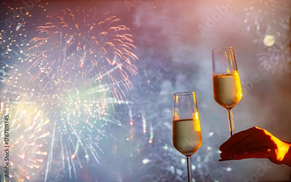 Obraz two glasses of champagne clink against the backdrop of New Year's fireworks
