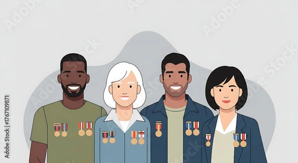 Fototapeta Diverse group of veterans with medals honoring military service