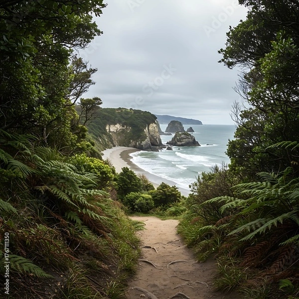 Fototapeta Scenic Coastal Path Leading to a Secluded Beach with Rock Formations.