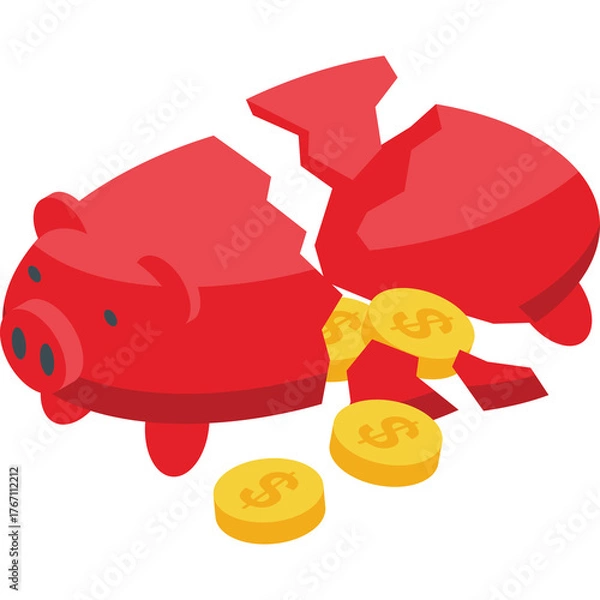 Obraz Broken Red Piggy Bank Spilling Gold Coins Symbolizing Financial Loss and Economic Crisis in a Studio Setting