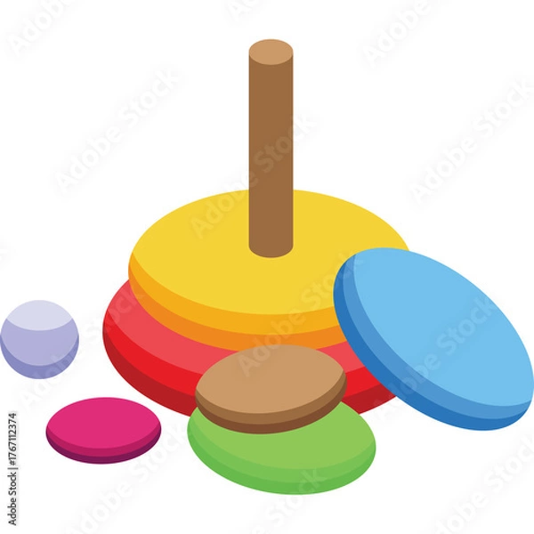 Obraz Brightly Colored Stacking Rings Toy With A Wooden Peg Center and Scattered Pieces On A White Background In Natural Lighting