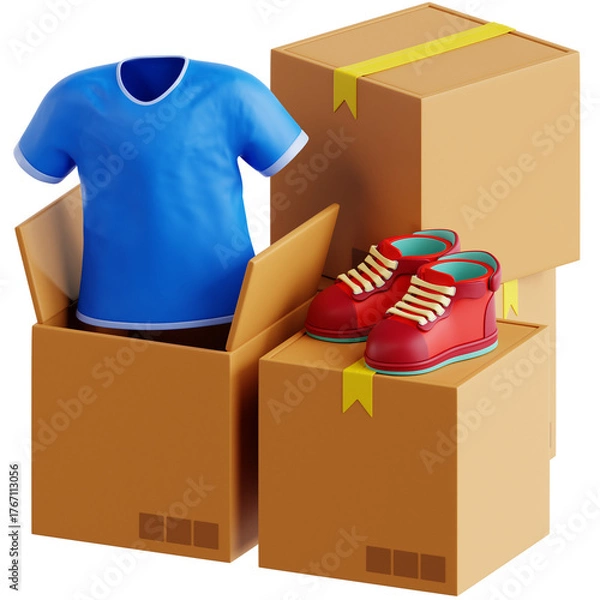 Fototapeta Professionally rendered 3D icon pack showcasing sneakers, T-shirts, and delivery boxes with QR codes, perfect for modern e-commerce visuals.