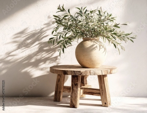 Fototapeta Rustic wooden stool holds a vase with greenery and casts shadows.