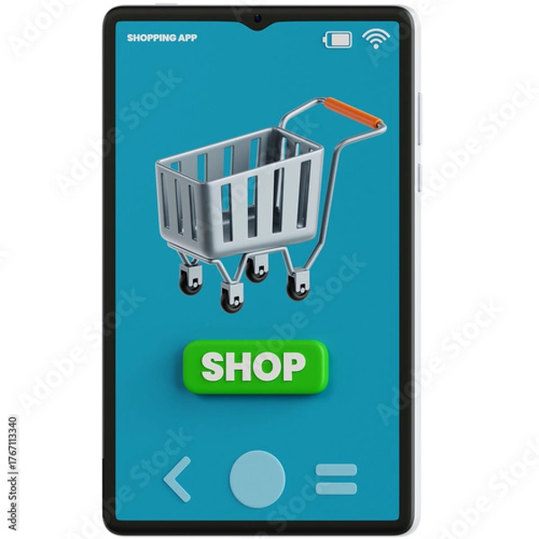 Fototapeta Professionally rendered 3D icon pack of smartphones with shopping apps, perfect for e-commerce, online stores, and mobile shopping visuals.