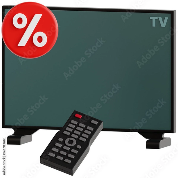 Fototapeta Professionally rendered 3D icon pack of TV with discount tags, perfect for e-commerce, electronics sales, and online shopping visuals.