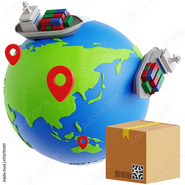 Fototapeta Professionally rendered 3D icon pack illustrating worldwide shipping and global e-commerce logistics with detailed visuals for modern online business concepts.