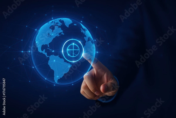 Fototapeta Person interacts with digital globe, highlighting specific location with glowing circle. image conveys sense of technology and global connectivity