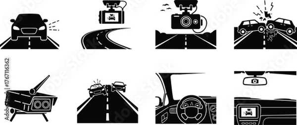 Fototapeta Black car dashboard camera icon set, road accident recording, safety monitoring, traffic surveillance, and vehicle control technology vector illustration