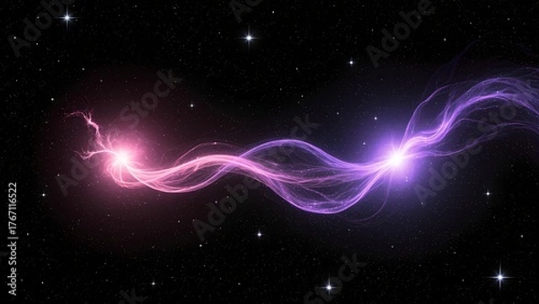 Fototapeta "Celestial Embrace": An abstract cosmic scene where two small, glowing nebulae—one in soft rose pink and the other in a gentle lavender—are subtly reaching out, their faint tendrils of stardust.