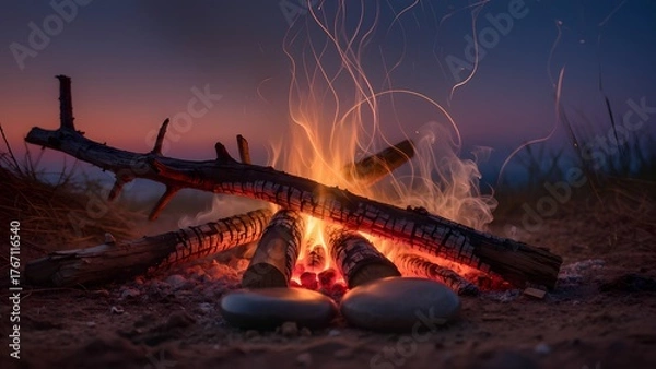 Fototapeta "Whispers of Warmth": A close-up of a carefully arranged bonfire with glowing embers and faint smoke rising. Two small, smooth, dark river stones are placed side-by-side, subtly warmed by the fire.