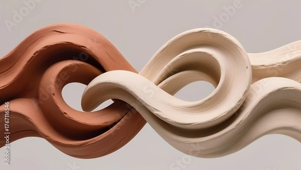 Fototapeta "Sculpted Emotion": A 3D render of two abstract, flowing forms, reminiscent of ribbons or waves, made of a matte, textured clay material. One form is a deep terracotta.