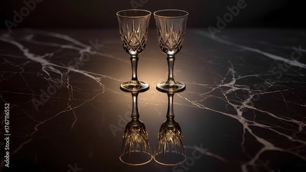 Fototapeta "Reflective Connection": A still life of two empty, antique crystal champagne flutes, positioned very close on a highly polished black marble surface. 