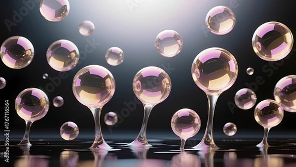 Fototapeta "Gentle Ascent": A conceptual image depicting a cluster of abstract, translucent bubbles, shimmering with iridescent pink and gold hues, slowly ascending from a dark, reflective surface.