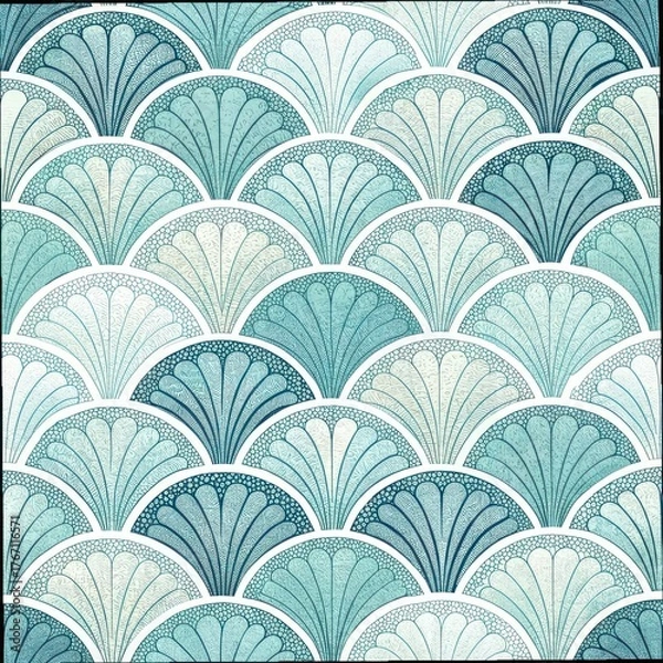 Fototapeta Seamless art deco repeating pattern featuring stylized scallop shell shapes and intricate blue line art texture