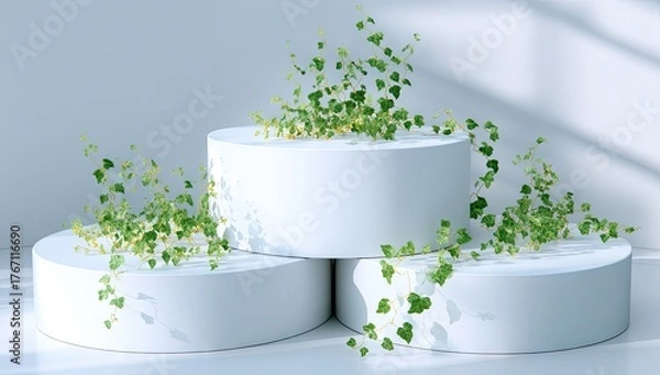 Fototapeta Tiered pedestals display lush green ivy plants bathed in dappled sunlight.