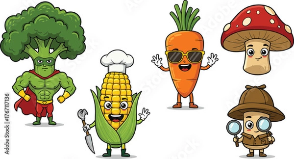 Fototapeta Funny cartoon vegetables characters, superhero broccoli, chef corn, cool carrot, detective mushroom illustration, cute healthy food vector art, vegetable heroes design