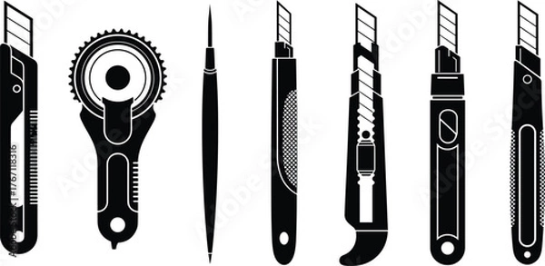 Fototapeta Set of various utility knives, cutting tools, craft blades, and precision cutters isolated on white background, black silhouette illustration, equipment, stationery, DIY, 