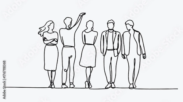 Fototapeta Minimalist Line Art of Diverse Team Standing Together in Business Setting