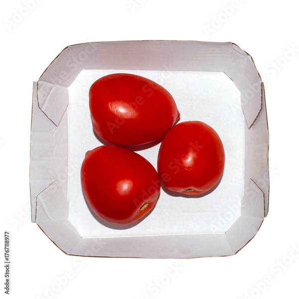 Fototapeta Tomatoes in a cardboard box on a white background.Ripe red tomatoes.Tomatoes from the garden.Tomatoes background.
