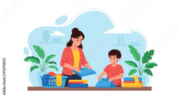 Fototapeta Adobe illustrator artwork vector illustration. Mother and daughter baking cookies together in the kitchen, a heartwarming scene of family fun and culinary learning