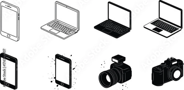 Fototapeta Technology devices illustration, smartphone and laptop icons, modern digital gadgets, camera equipment, electronic design, tech communication, photography tools, creative vector set