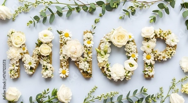 Fototapeta Floral Typography: M, N, O, P Letters Crafted from White Flowers and Greenery on Blue