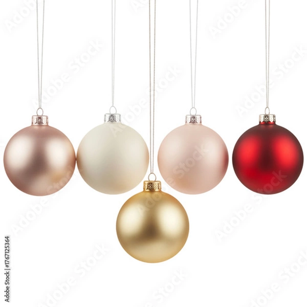 Fototapeta Five Hanging Christmas Ornaments with Gold, Red, and Pink Colors on Transparent Background