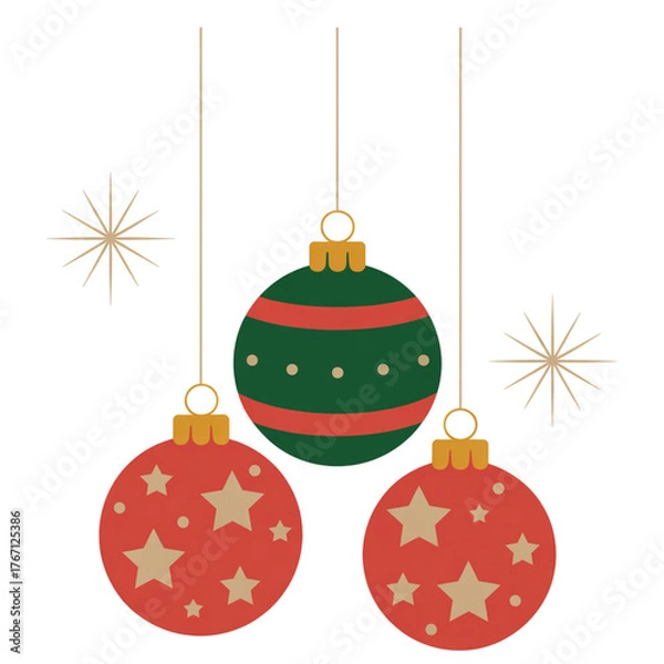 Obraz Hanging Christmas Ornaments and Stars on Transparent Background over Black Backdrop