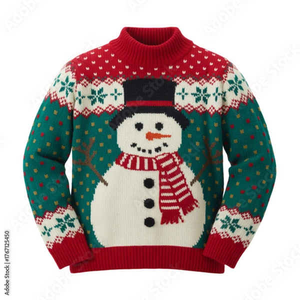 Fototapeta Knitted Christmas Sweater with Snowman on Transparent Background for Festive Holiday Season