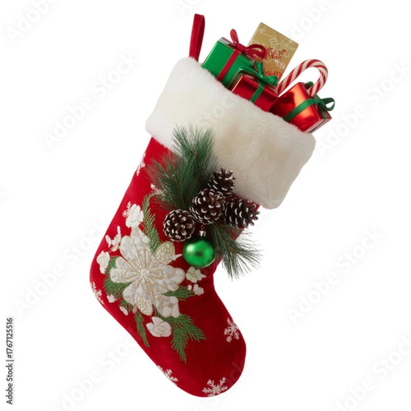 Obraz Red Christmas Stocking Full of Gifts on Transparent Background for Holiday Decor