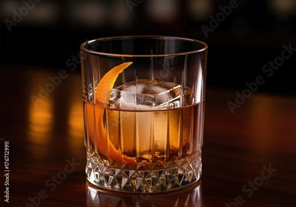 Fototapeta Elegant old fashioned cocktail with a large ice cube and vibrant orange peel