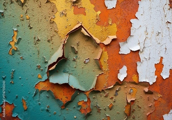 Fototapeta Vibrant abstract texture of peeling paint on a distressed multi tonal surface