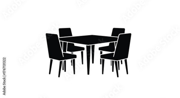 Fototapeta Simple black silhouette of a dining table and surrounding chairs