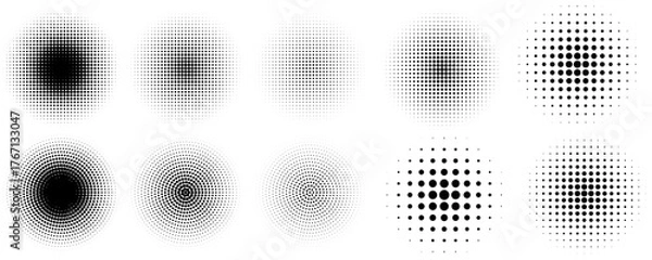 Fototapeta Halftone gradient circles collection. Dots textured round patterns. Cartoon comic radial faded background set. Abstract pixelated elements for frame, poster, collage, banner, flyer. Vector bundle