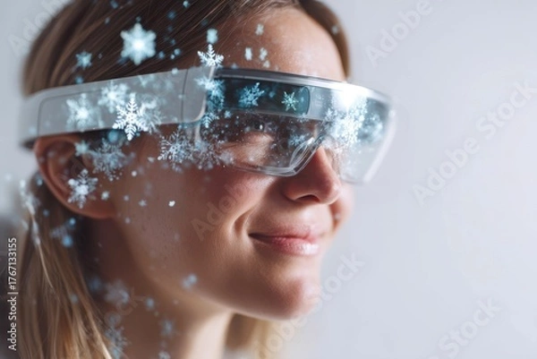 Fototapeta smiling woman wearing futuristic AR glasses with digital snowflakes, immersive holiday technology, innovation and virtual reality experience for tech, advertising, digital celebration, tech Christmas.
