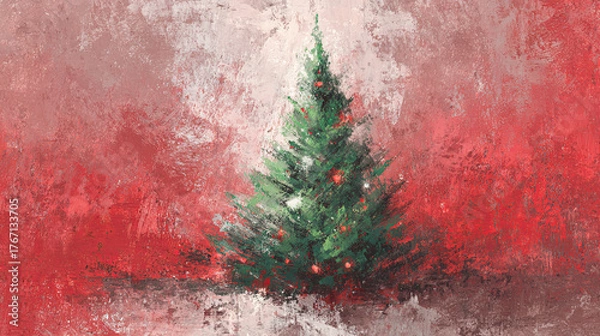 Obraz Abstract painted Christmas tree with red and white textured background, artistic holiday illustration for greeting or poster