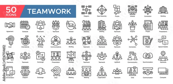 Fototapeta Teamwork collection set. Statistics, Supervised ,Teamwork, Project , Presentation, Strategy , Communications, Diagram, icon. Simple Outline vector illustrati