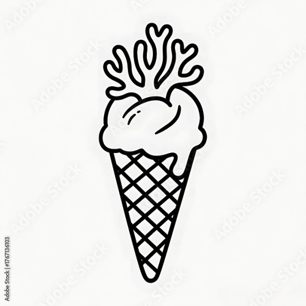 Fototapeta Flat black and white line illustration of a ice cream cone with coral-shaped topping