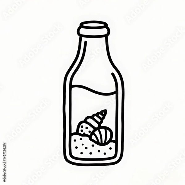 Fototapeta Flat black and white line illustration of a glass bottle filled with sand and sea shells
