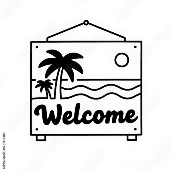 Fototapeta Flat black and white line illustration of a beach-inspired welcome signboard