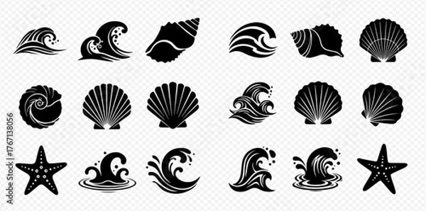 Fototapeta Black and white vector illustration of various sea-themed elements such as waves, shells, and starfish.