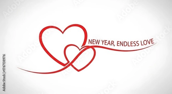 Fototapeta Intertwined Red Hearts with New Year, Endless Love Text on White Background.