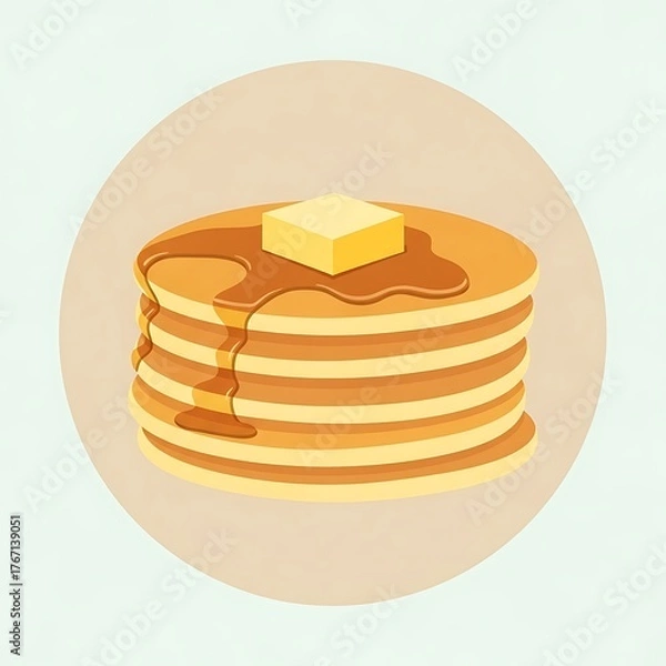 Fototapeta Delicious stack of golden pancakes with butter and syrup, breakfast treat.